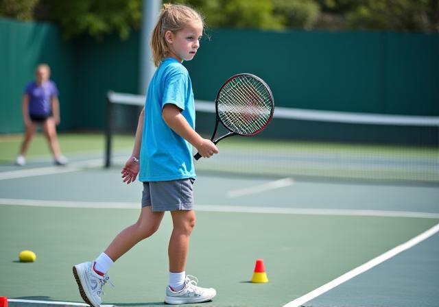 어린 테니스 선수가 기본기를 다지는 모습